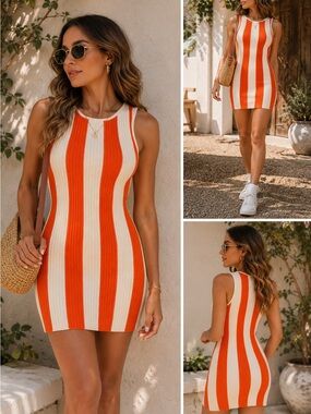 Mango MNG Orange Cream Striped Ribbed Knit Mini Dress Retro 70s Size M